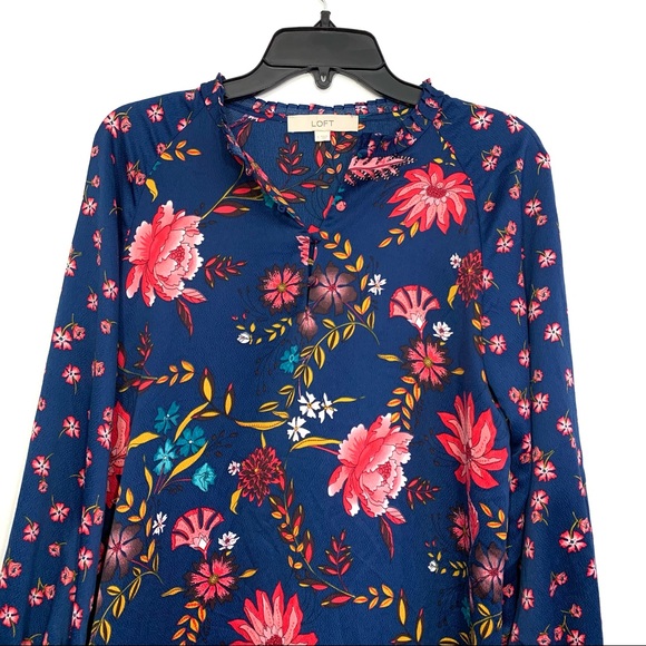 LOFT Women's Blue Pink Floral Mandarin Collar Long Sleeve Shift Dress - Picture 4 of 11